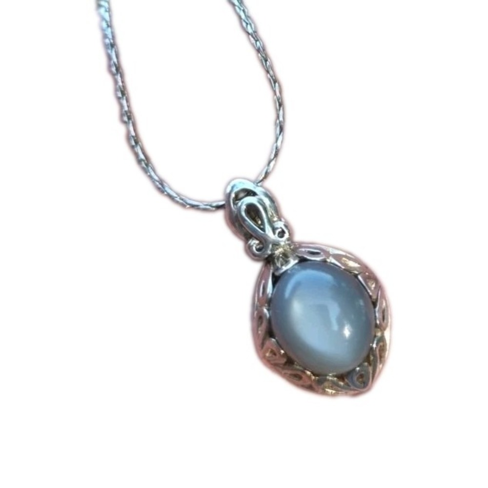 Vintage STS Jewels Sterling Silver Grey Moonstone Floral Filagree Pendant 15.5"
